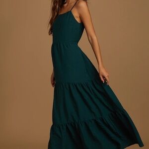 Lulus Forest Green Teal Flowy Tiered Maxi Dress NWT